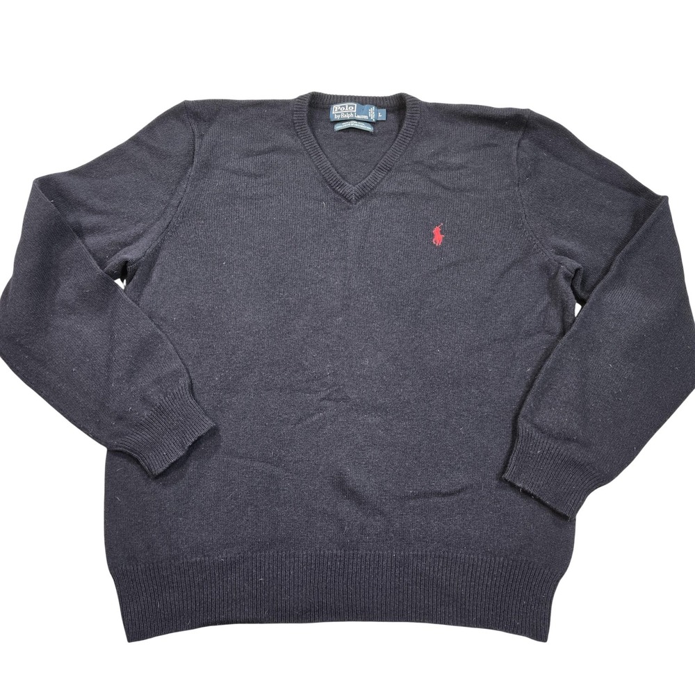 Polo Ralph Lauren Sweater Mens Large Navy Blue Lambswool V Neck Knit Pullover